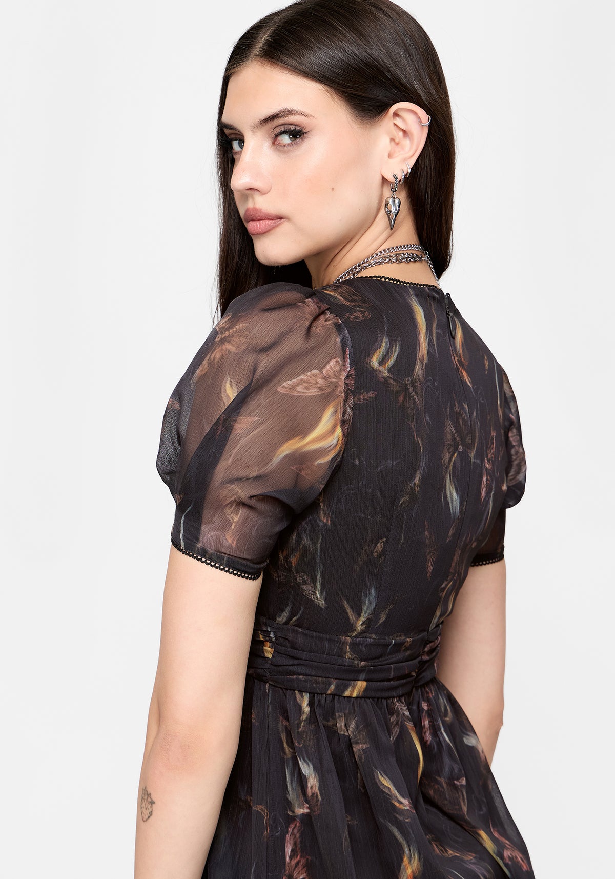Ember Moth Print Chiffon Midi Dress