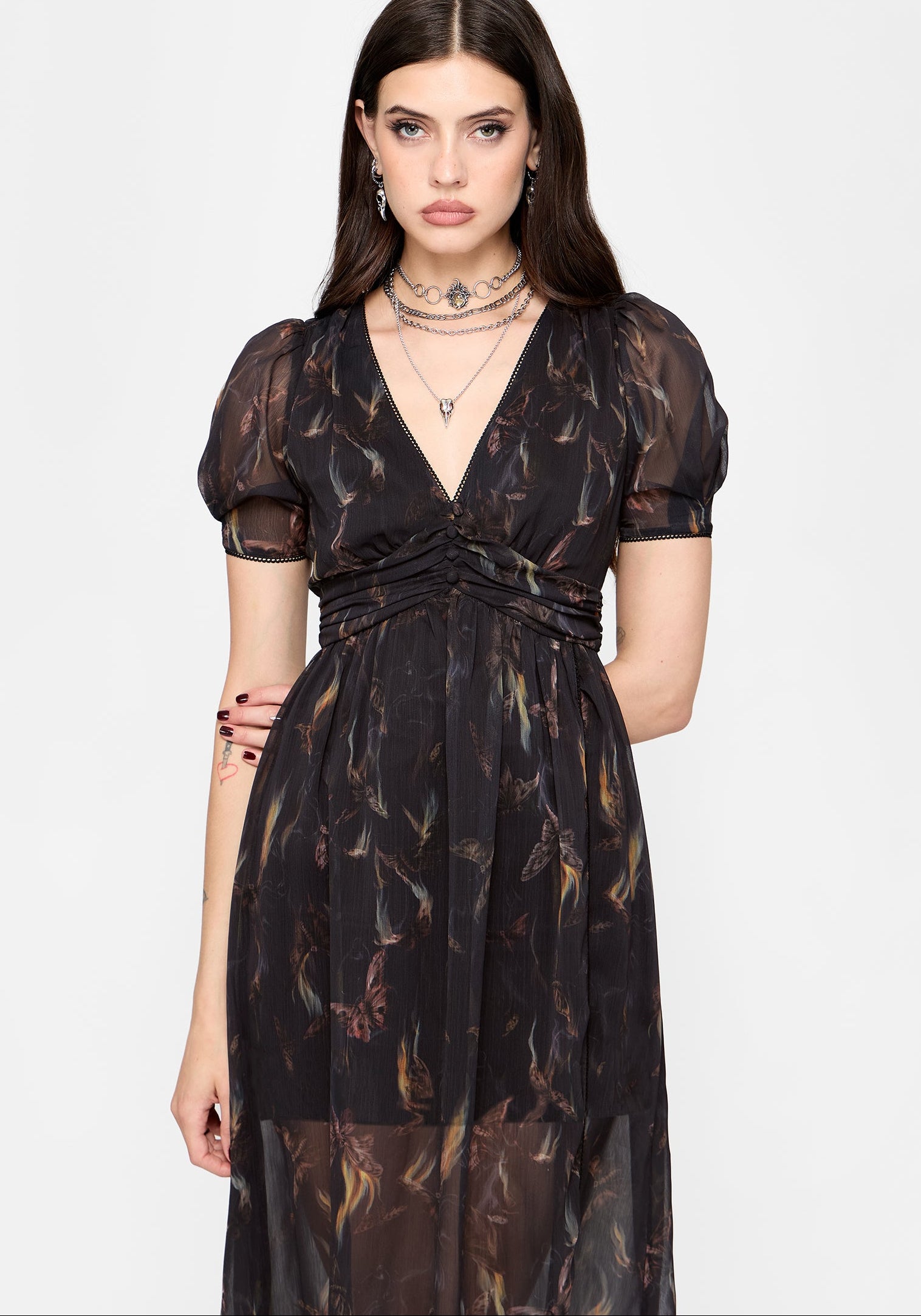 Ember Moth Print Chiffon Midi Dress