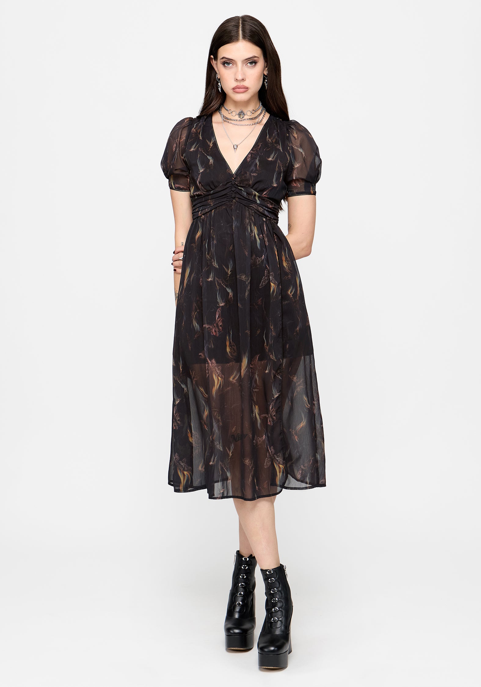 Ember Moth Print Chiffon Midi Dress
