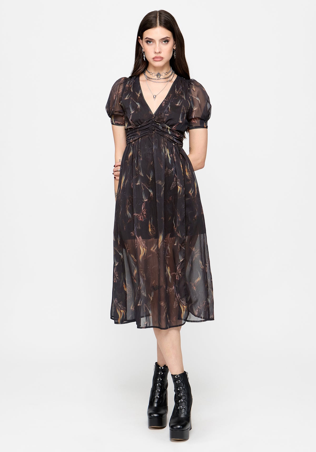 Ember Moth Print Chiffon Midi Dress