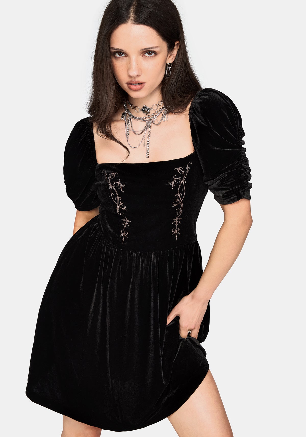 Rasque Embroidered Ruched Sleeve Velour Mini Dress