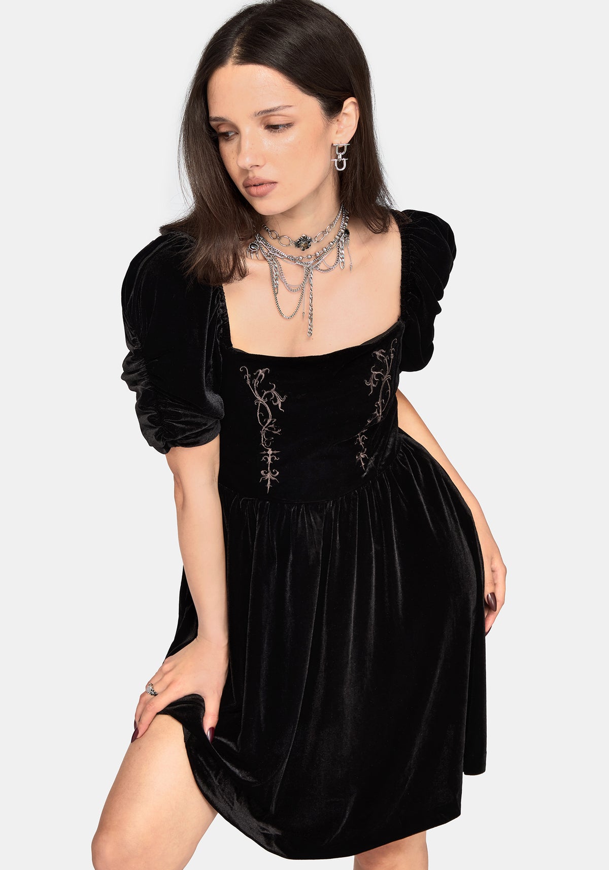 black velour mini dress Rasque Embroidered Ruched Sleeve – Disturbia Color:Metallic Green bday26 Early 2000s Millennial Fashion Lace The perfect combination of