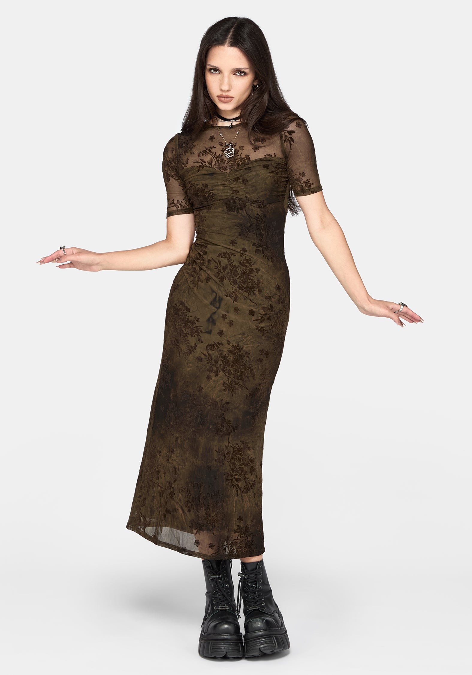 Zuri Flocked Ruched Bust Midaxi Dress