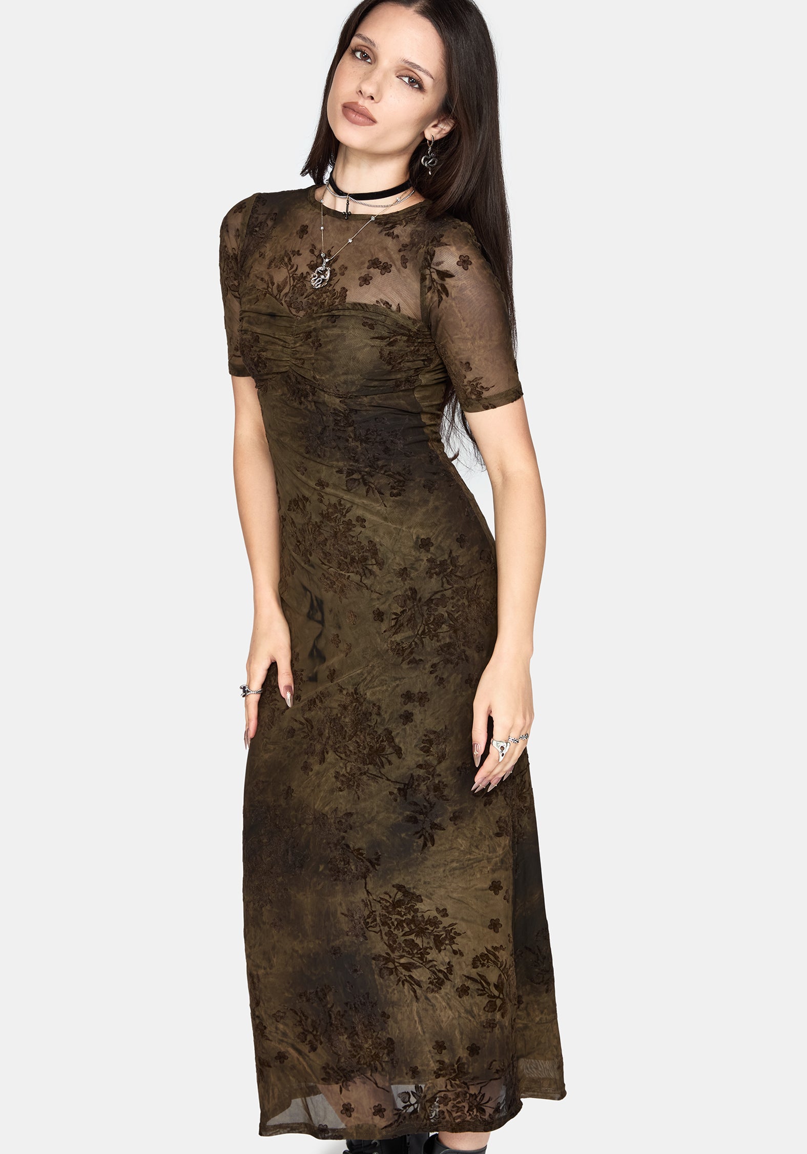 Zuri Flocked Ruched Bust Midaxi Dress