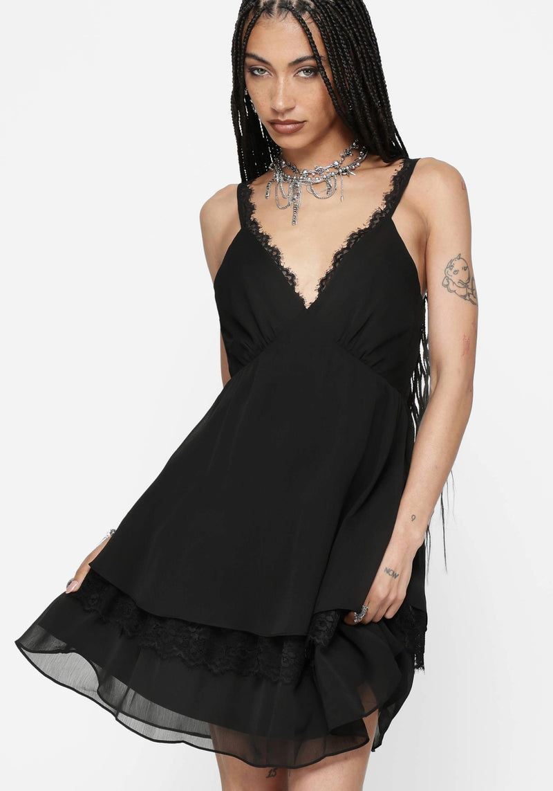 black lace tiered dress Women's Gentle Nights Lace Sleeveless Mini Dress in Black main image 1