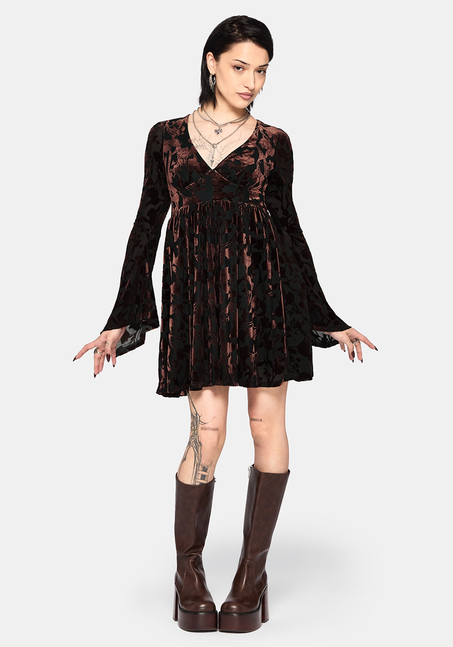 Dakota Devore Velour Flare Sleeve Mini Dress
