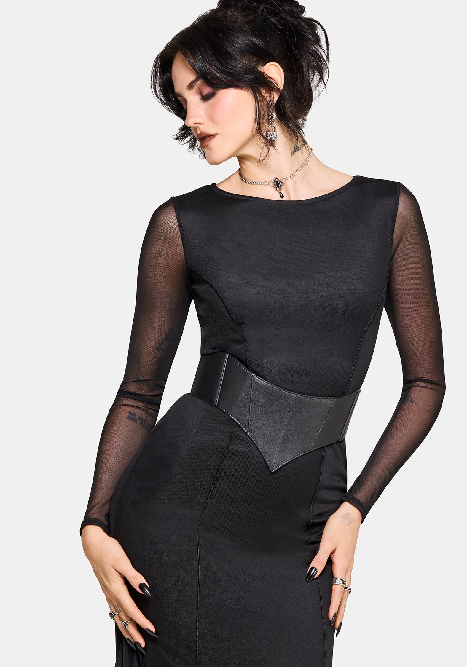 backless long sleeve dress black Backless Black Lace Long Sleeve Turtleneck Dress Seduction M / Black