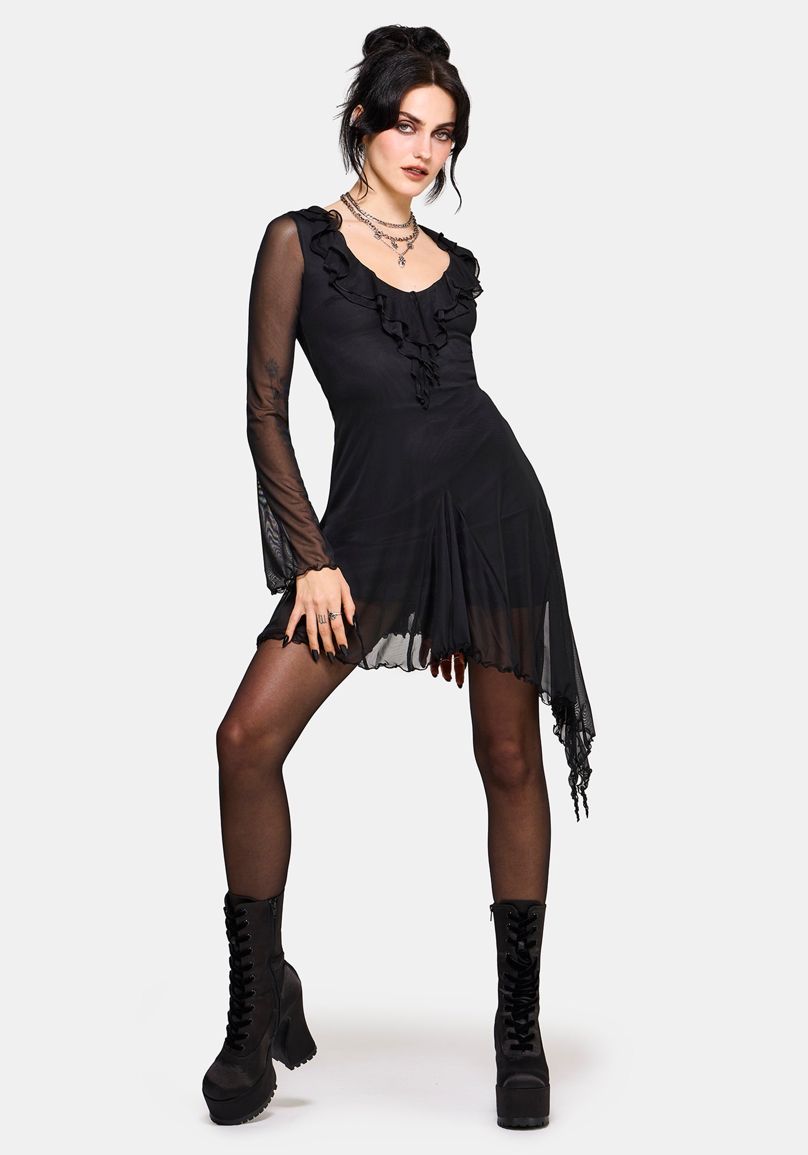 fluted sleeve mini dress ASOS DESIGN fluted sleeve mini dress with placement embellishment in chocolate