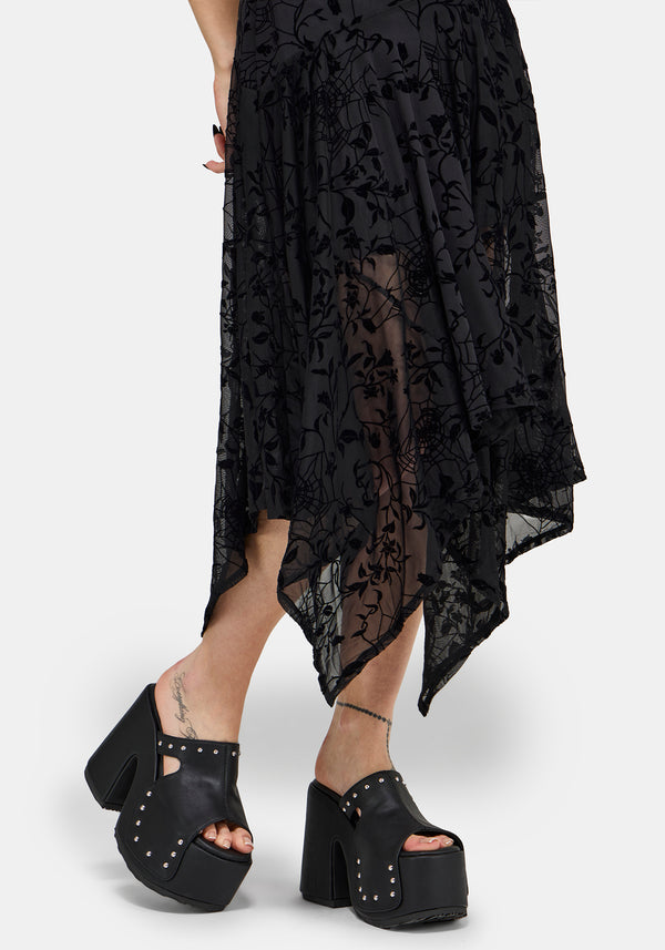 knee length dresses for ladies Rosaleigh Flock Velour Mesh Midaxi Dress | Disturbia