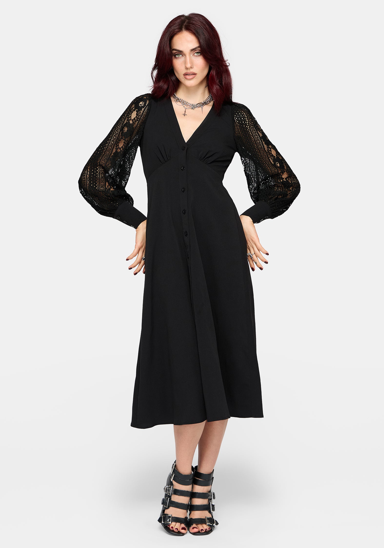 long sleeve button front midi dress Vivianne Button Front Midi Dress A-Line Long Sleeve