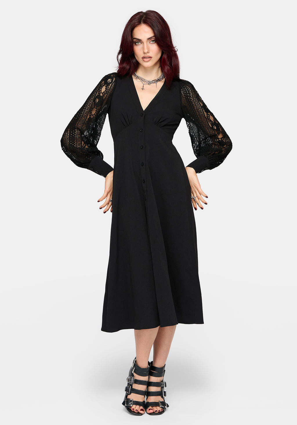 lace button down dress Long Sleeve Button Down Collar Eyelet Lace Fit A-Line Cotton Dress - SMALL / PURPLE