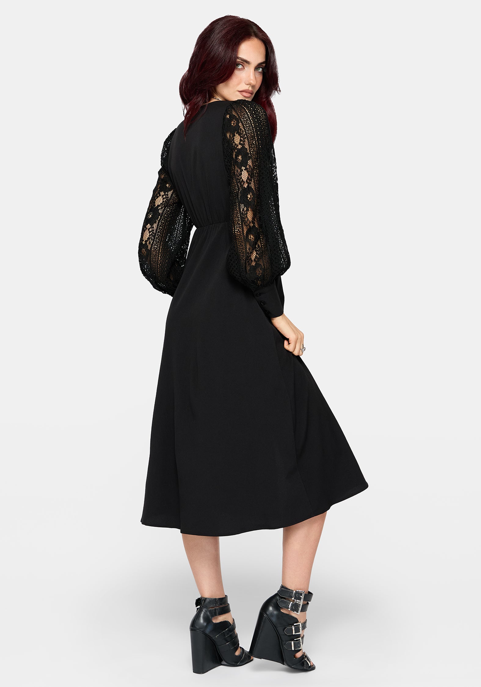 black lace button up dress Covenant Lace Sleeve Button Up Midi Dress