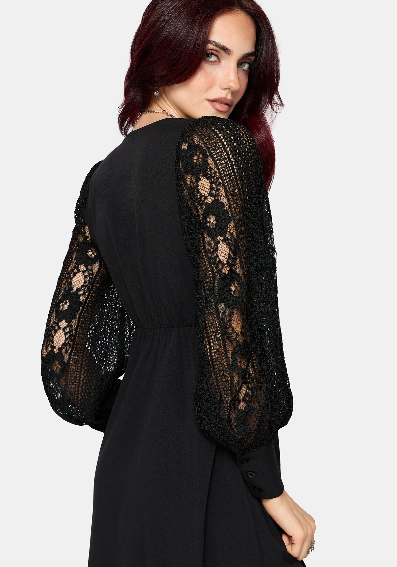 long sleeve lace up midi dress Lace Crew Neck Long Sleeve Midi Sheath Dress
