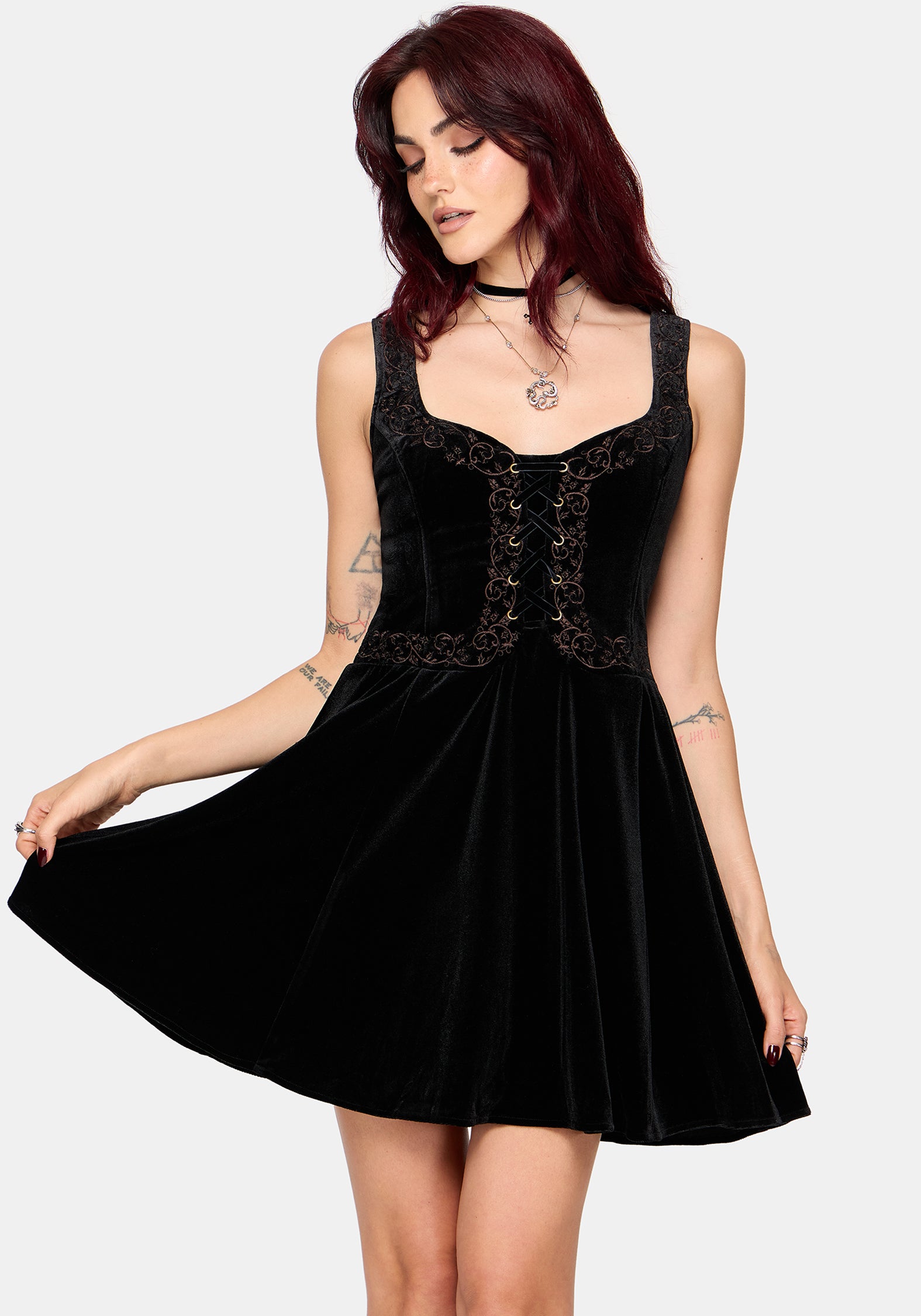 Gildra Embroidered Lace Up Front Mini Dress