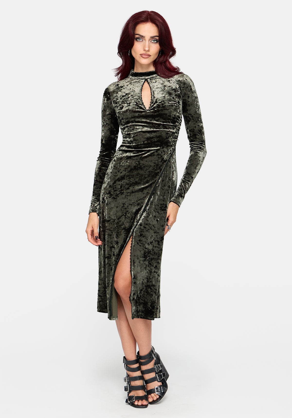 Nellie Green Velour Lace Trim Midi Dress US 2