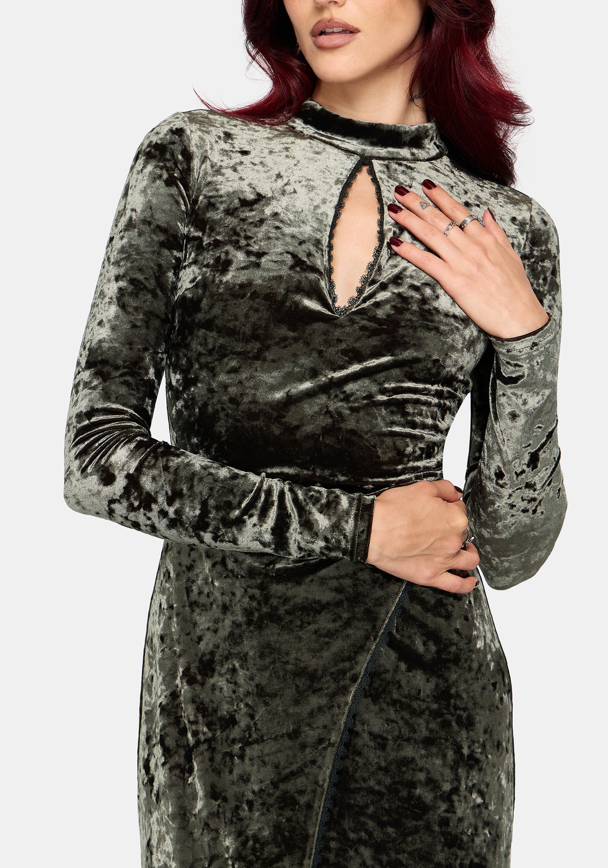 Nellie Green Velour Lace Trim Midi Dress US 2