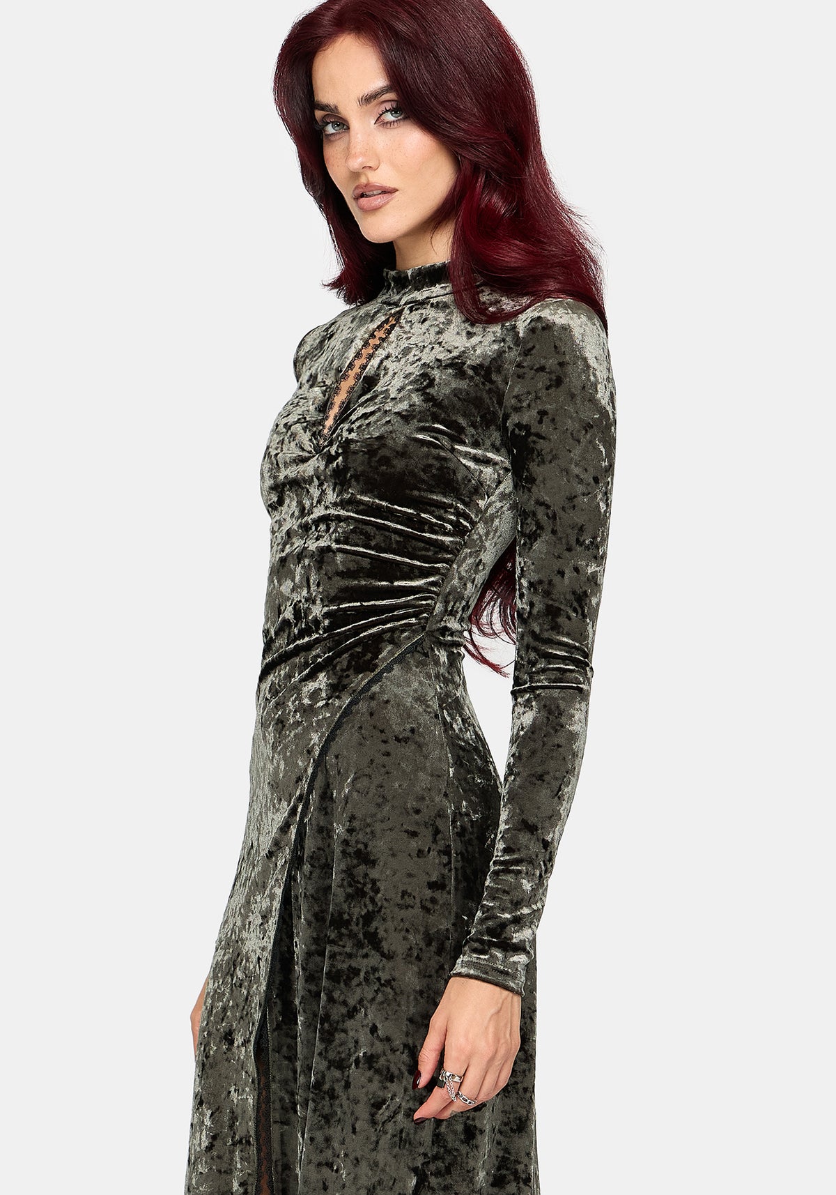 Nellie Green Velour Lace Trim Midi Dress US 2