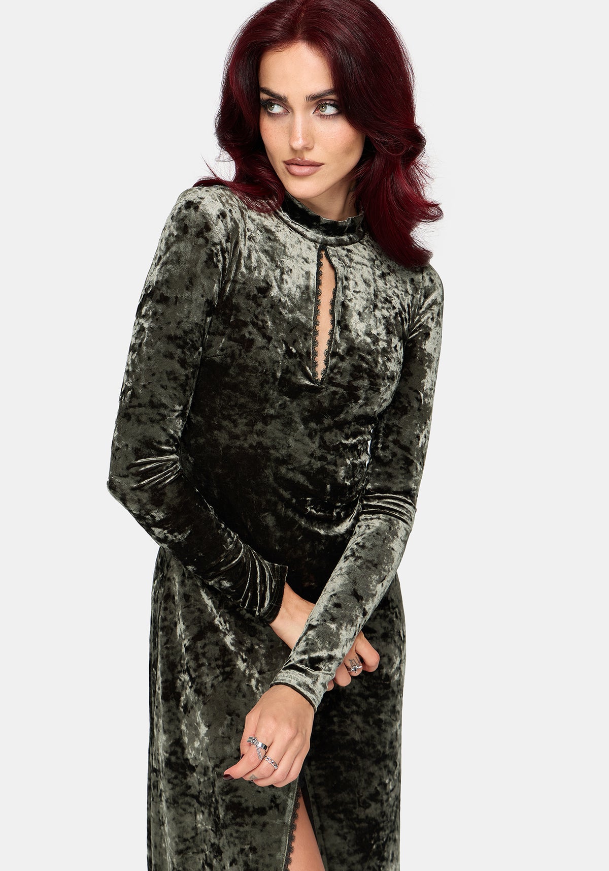 Nellie Green Velour Lace Trim Midi Dress US 2