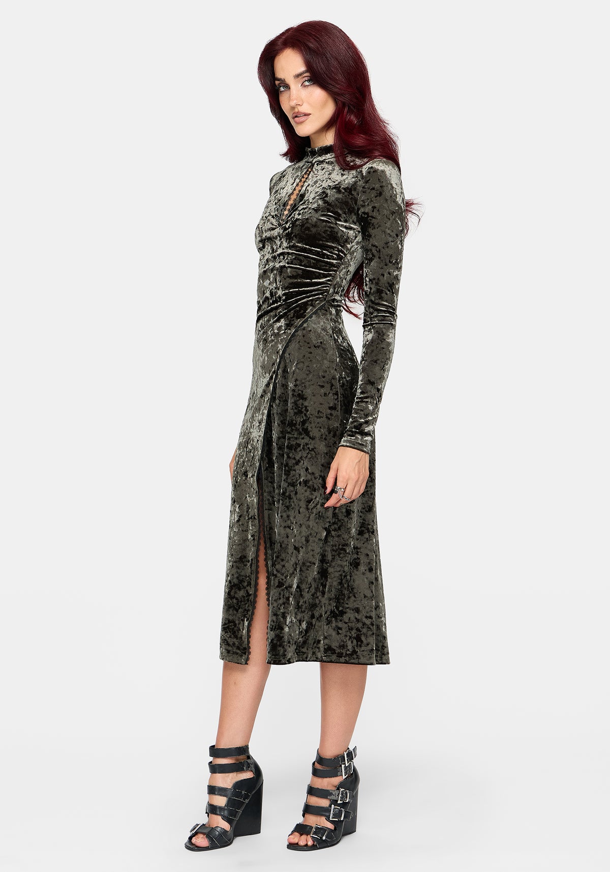 Nellie Green Velour Lace Trim Midi Dress US 2
