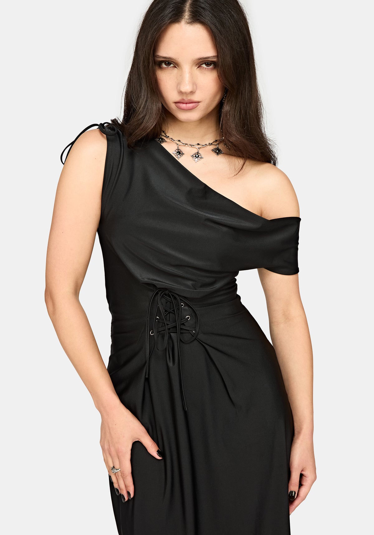 Noctavia Asymmetric Lace Up Midaxi Dress
