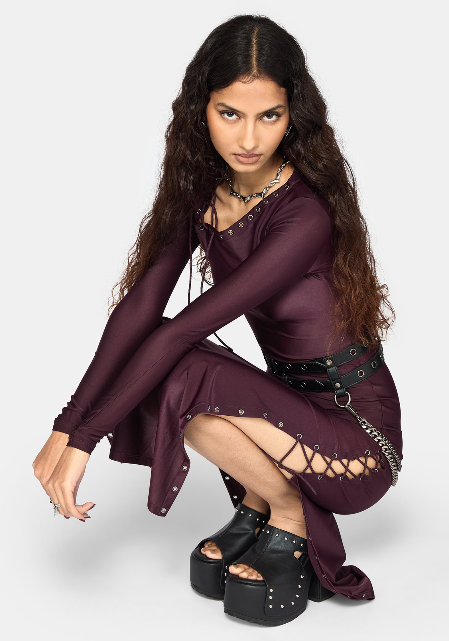 Delphine Asymmetric Lace-Up Shoulder Midaxi Dress