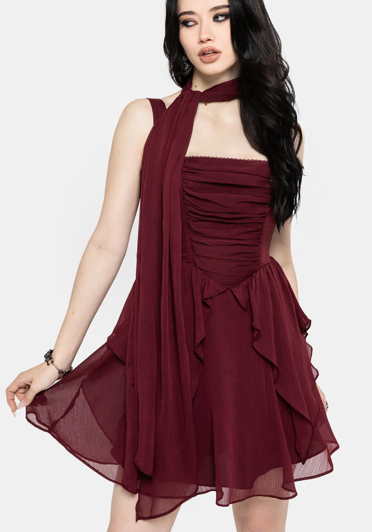 Siren Chiffon Picot Trim Mini Dress With Scarf (Two-Piece) US 2