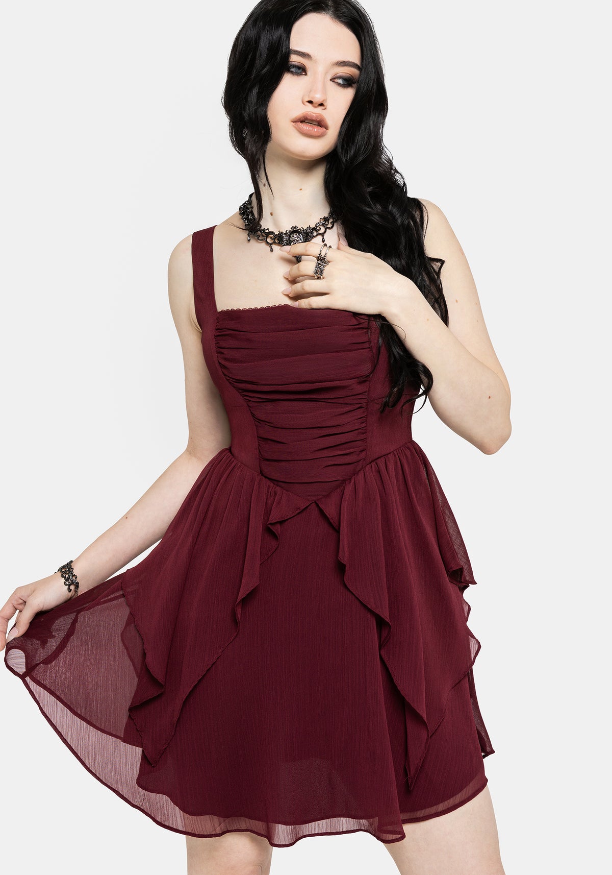 Siren Chiffon Picot Trim Mini Dress With Scarf (Two-Piece) US 2