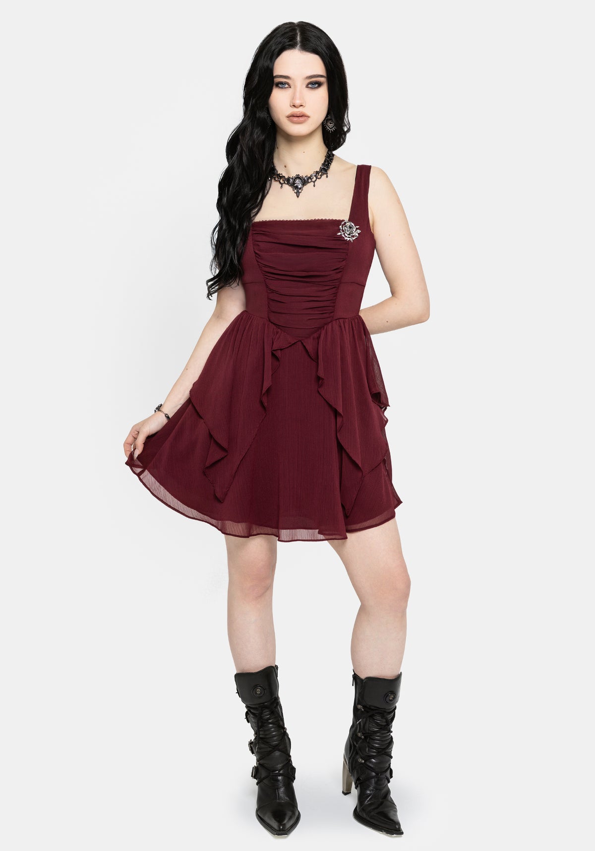 Siren Chiffon Picot Trim Mini Dress With Scarf (Two-Piece) US 2