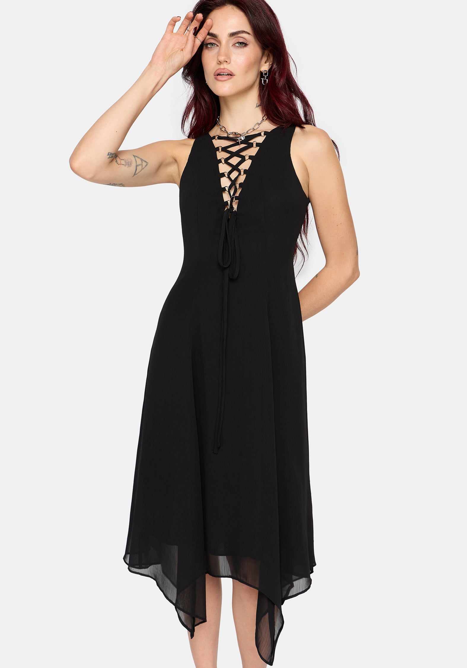 Luciana Lace Up Neck Chiffon Midi Dress