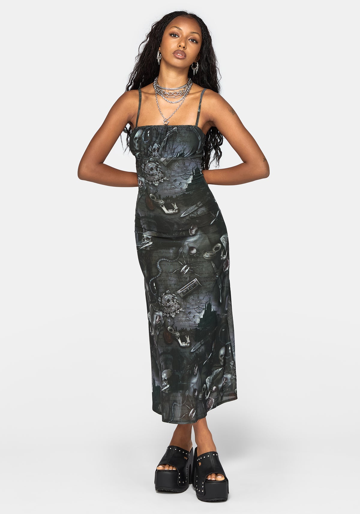 Nox Print Mesh Ruched Bust Cami Dress
