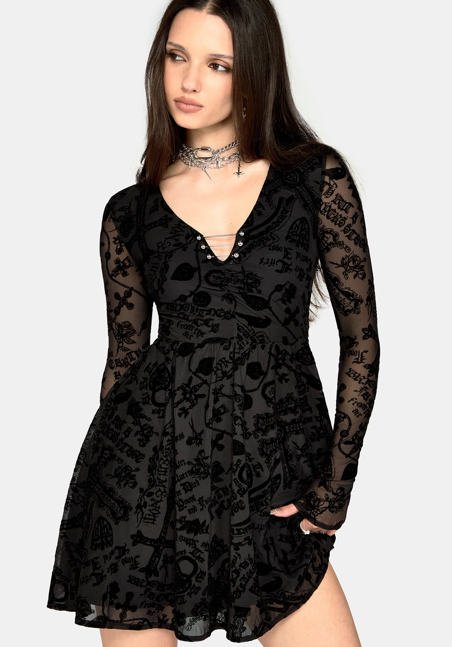 Sanct Flocked Mesh Long Sleeve Mini Dress