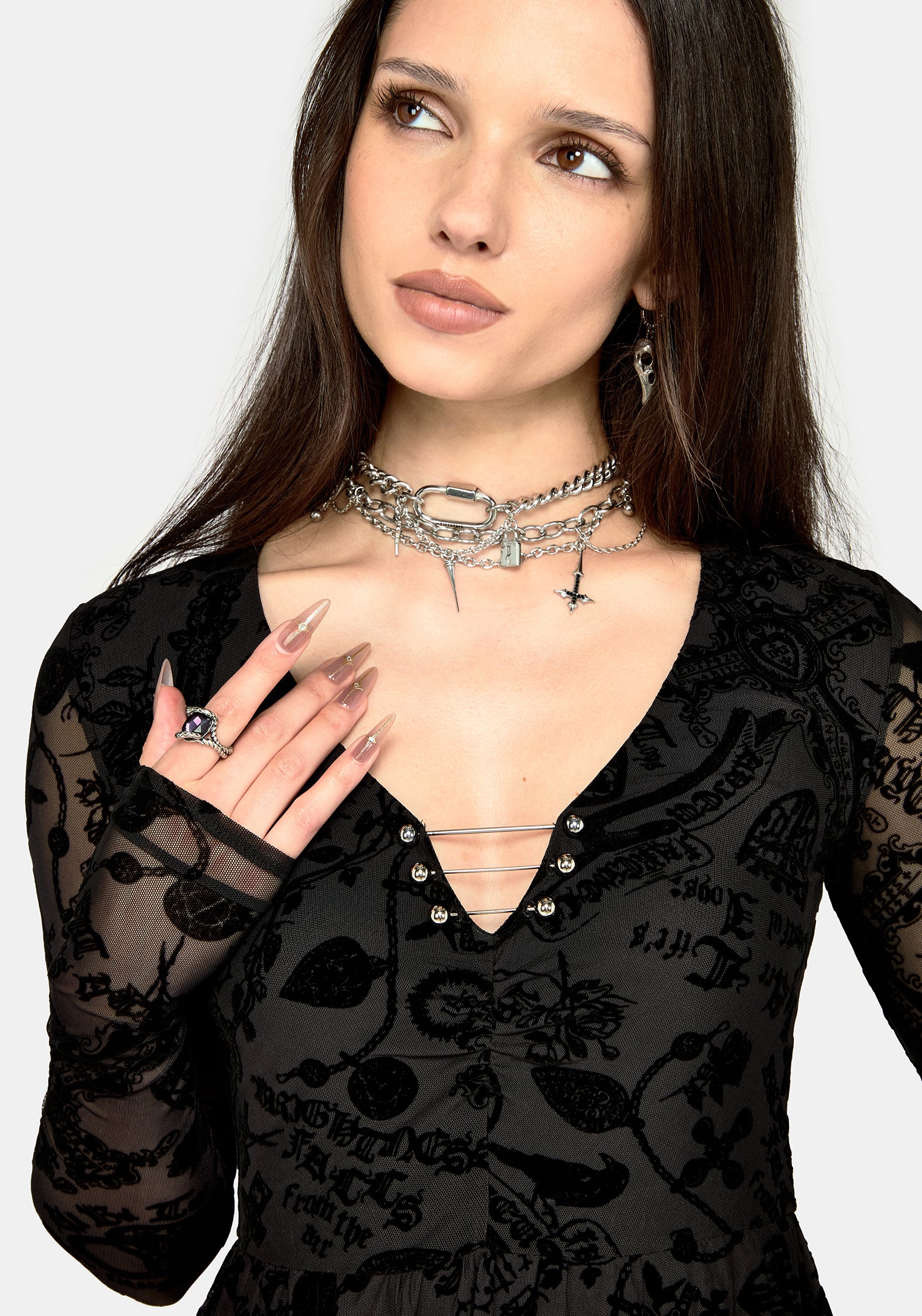 Sanct Flocked Mesh Long Sleeve Mini Dress