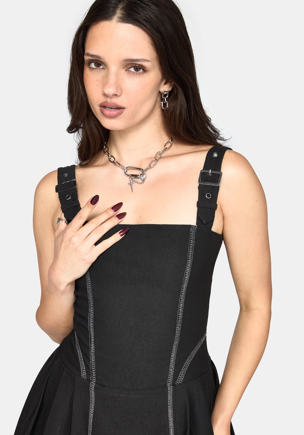 Virexia Contrast Stitch Pleated Mini Dress