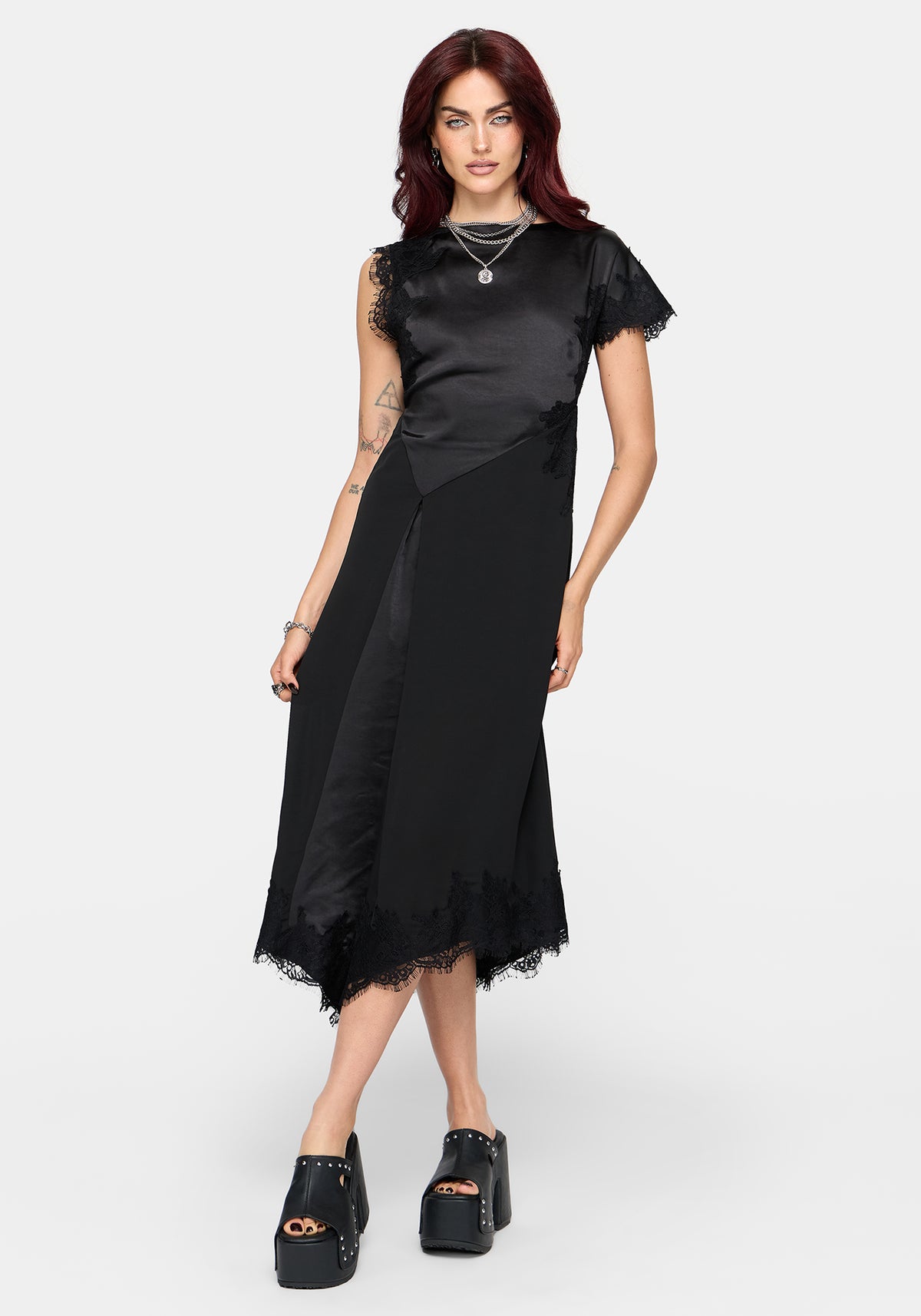Lucretia Lace Contrast Asymmetric Midi Dress
