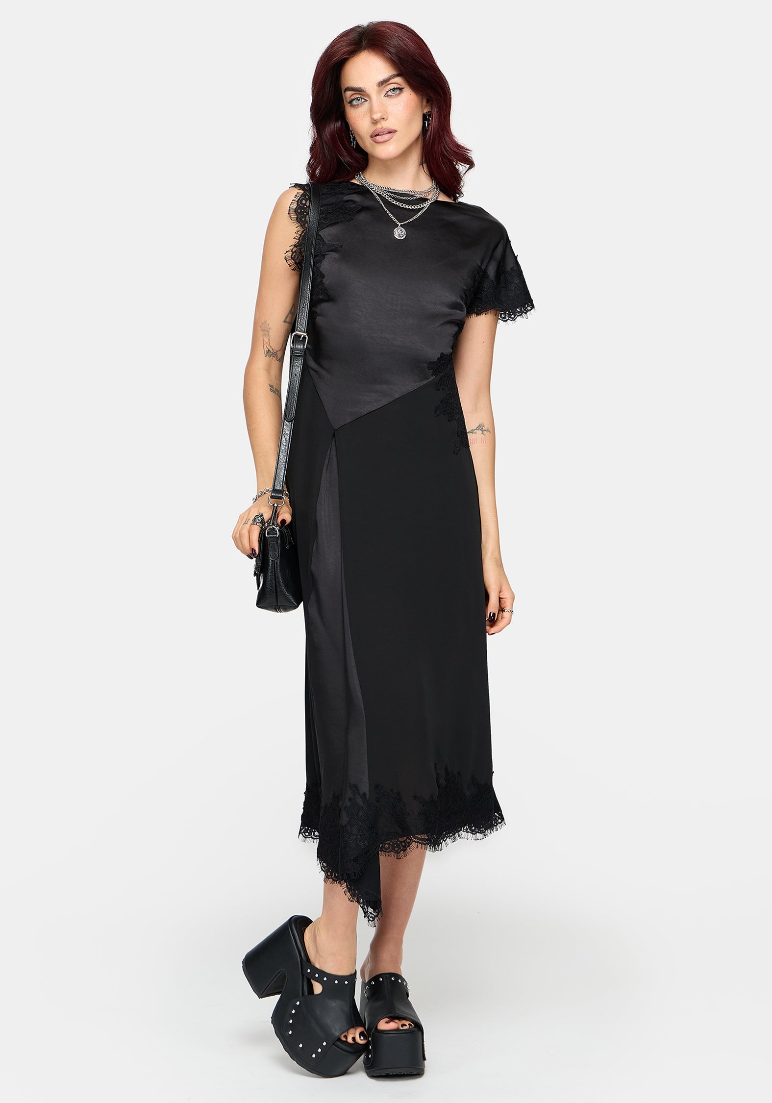 Lucretia Lace Contrast Asymmetric Midi Dress