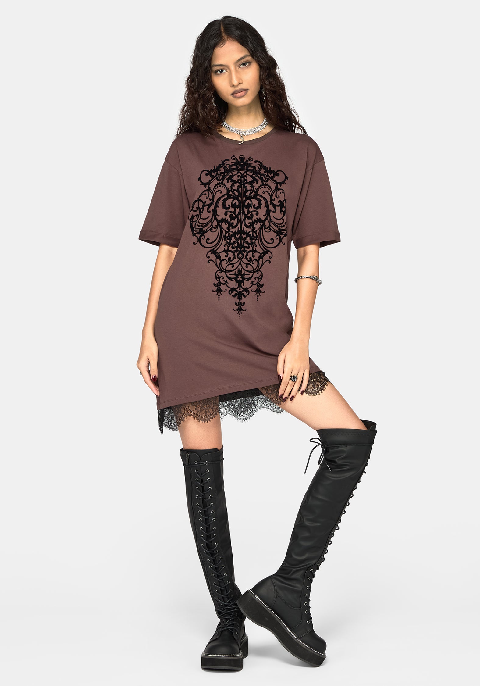 Leucosia Lace Trim Graphic T-Shirt Dress