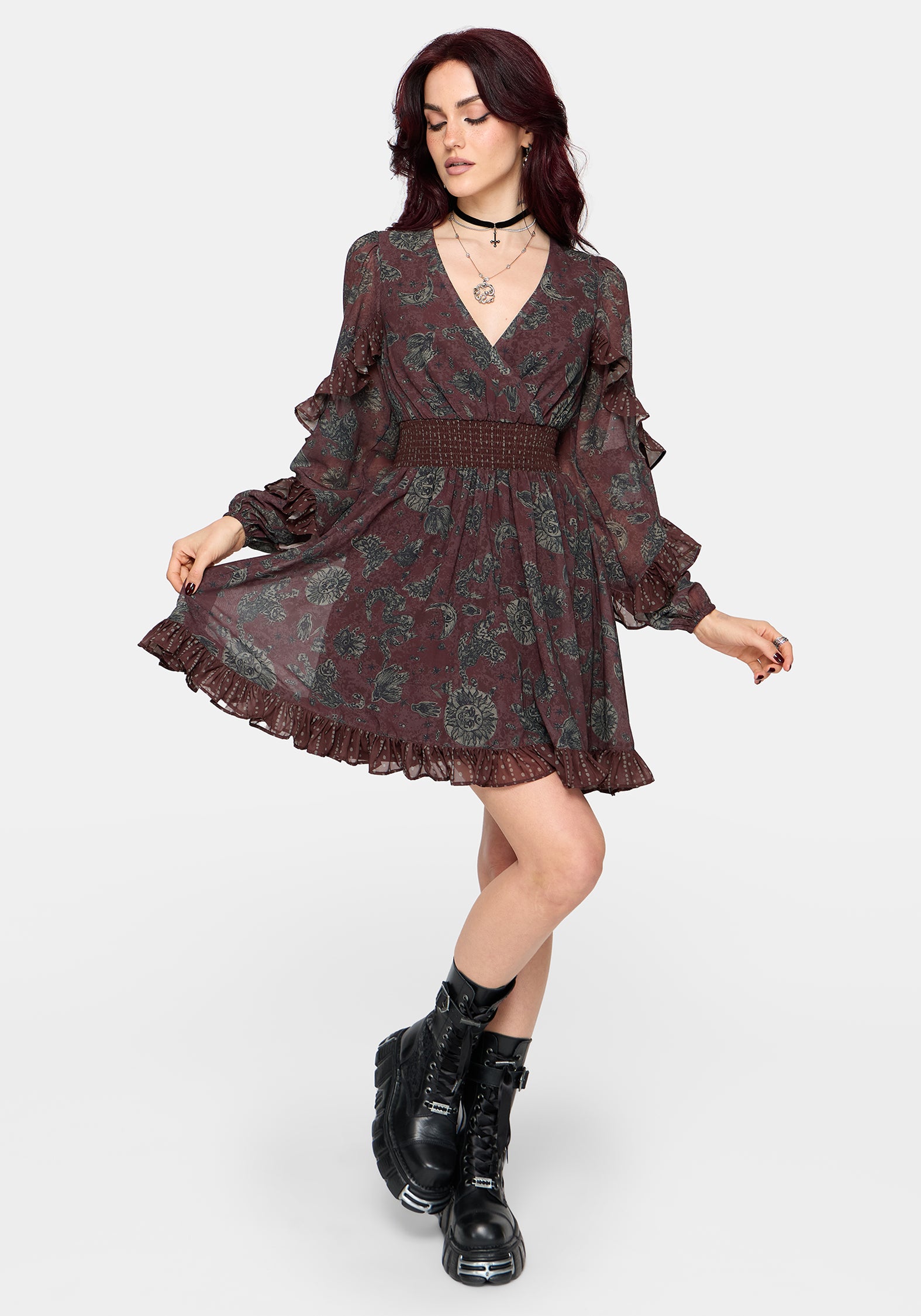 pact long sleeve dress Pact Paisley Frill Sleeve Mini Dress