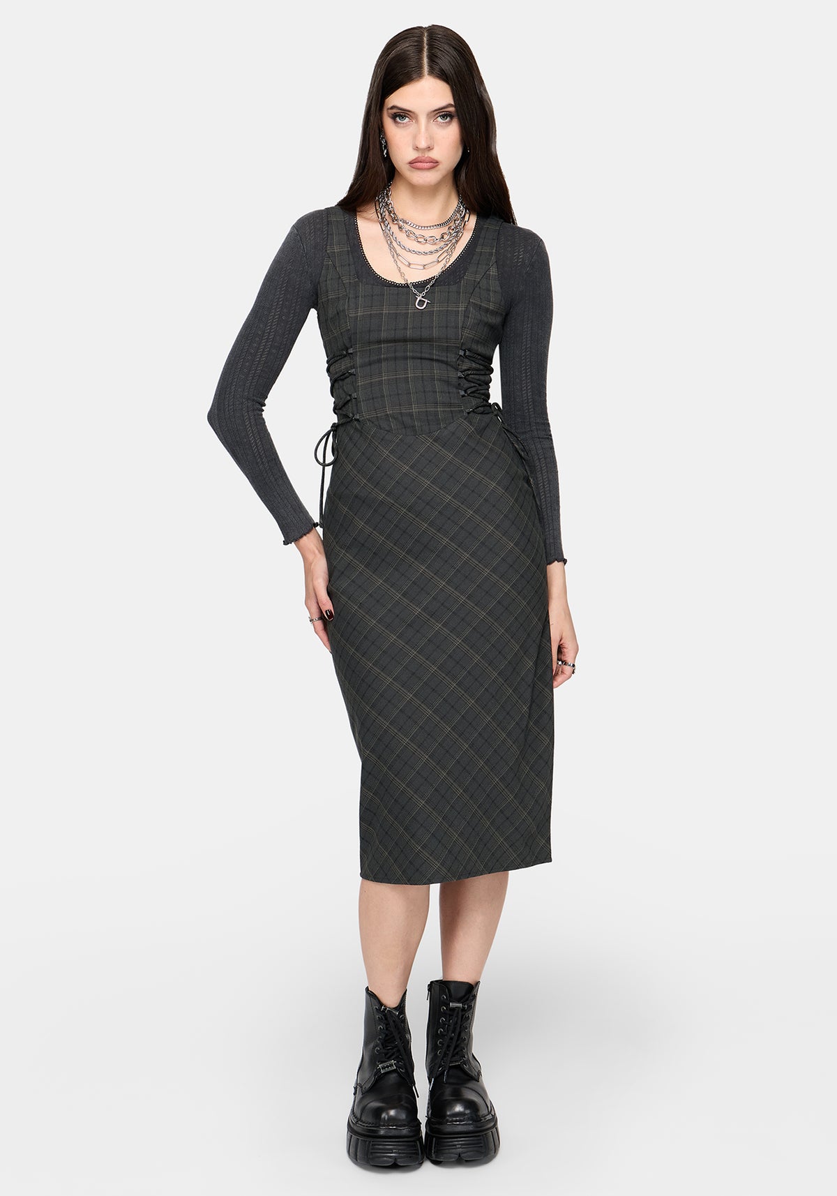 Caitriona Check Lace Up Side Midi Dress