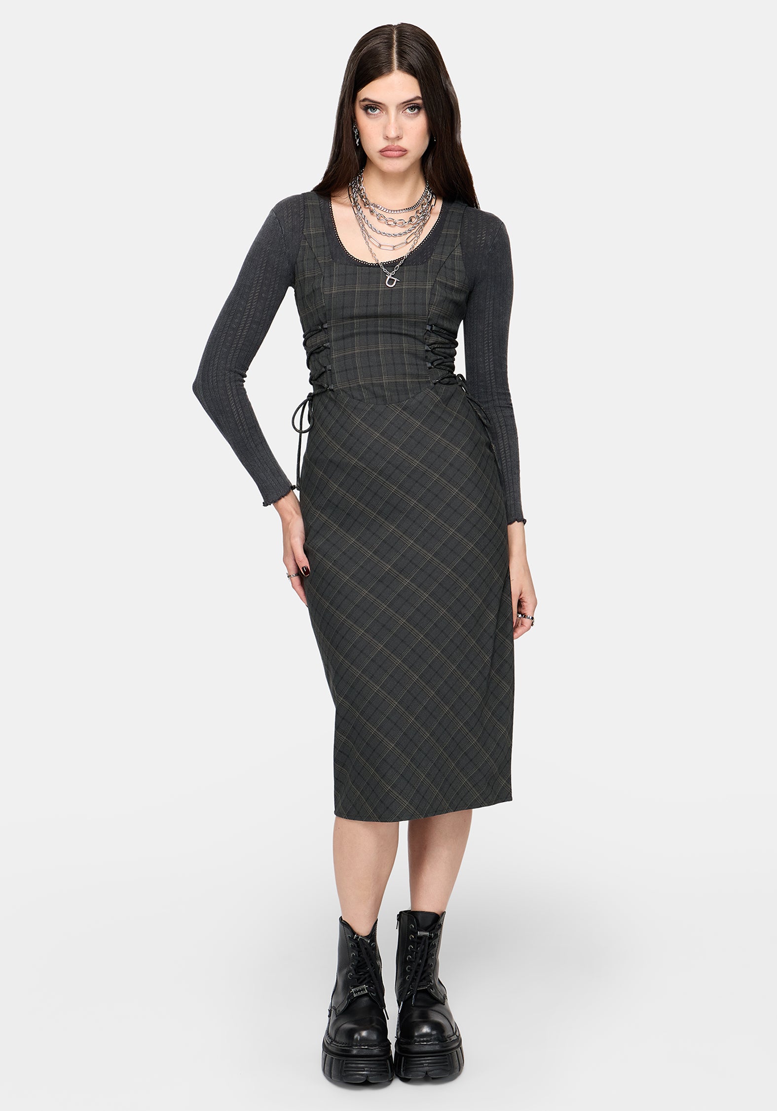 Caitriona Check Lace Up Side Midi Dress
