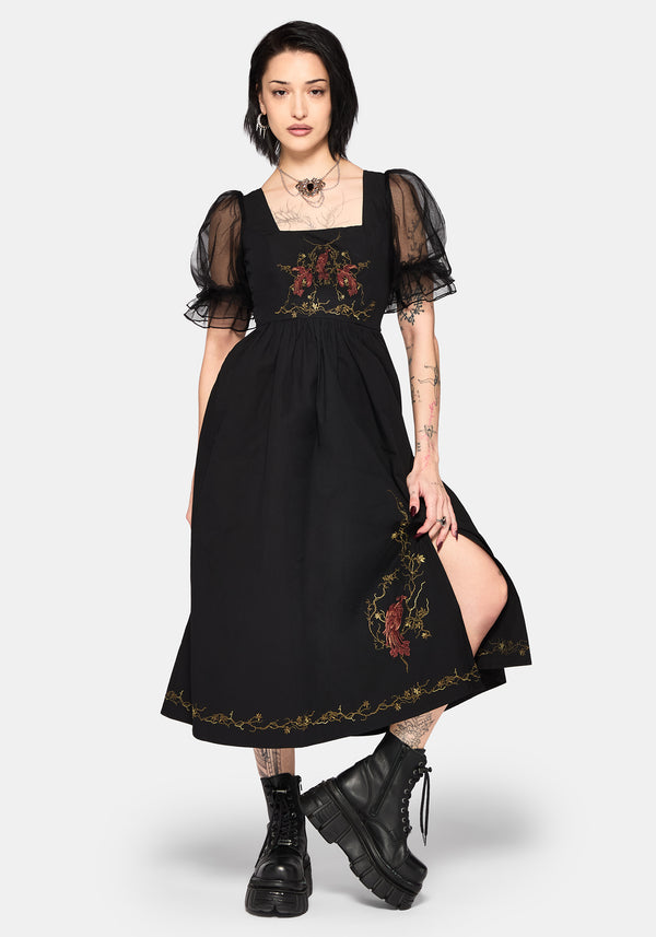 knee length dresses for ladies Unique Vintage Green & Strawberry Print Smocked Bodice Midi Dress