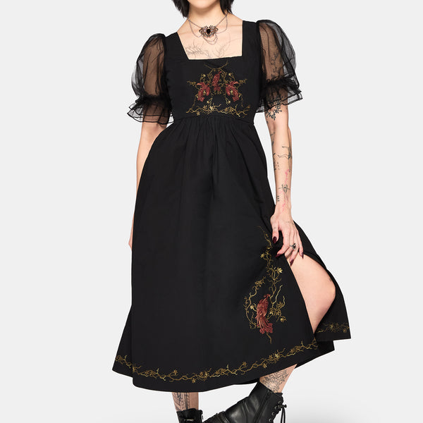 tina puff-sleeved embroidered midi dress Leocadia Embroidered Puff Sleeve Midi Dress