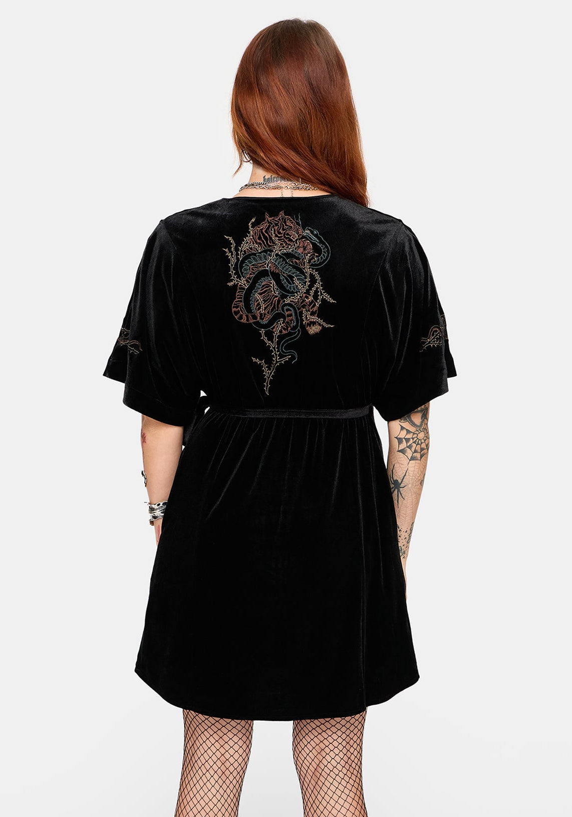 Tigris Embroidered Velour Wrap Kimono Mini Dress