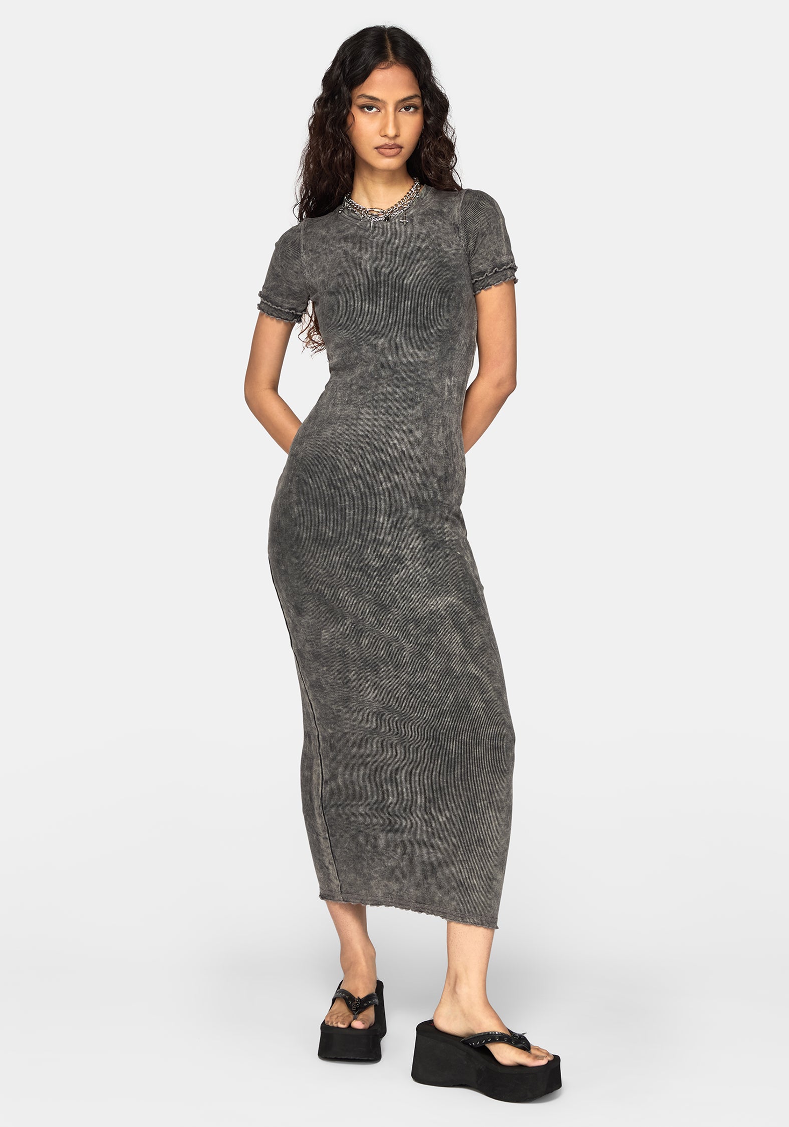 Stori Ribbed Short Sleeve Midi Dress