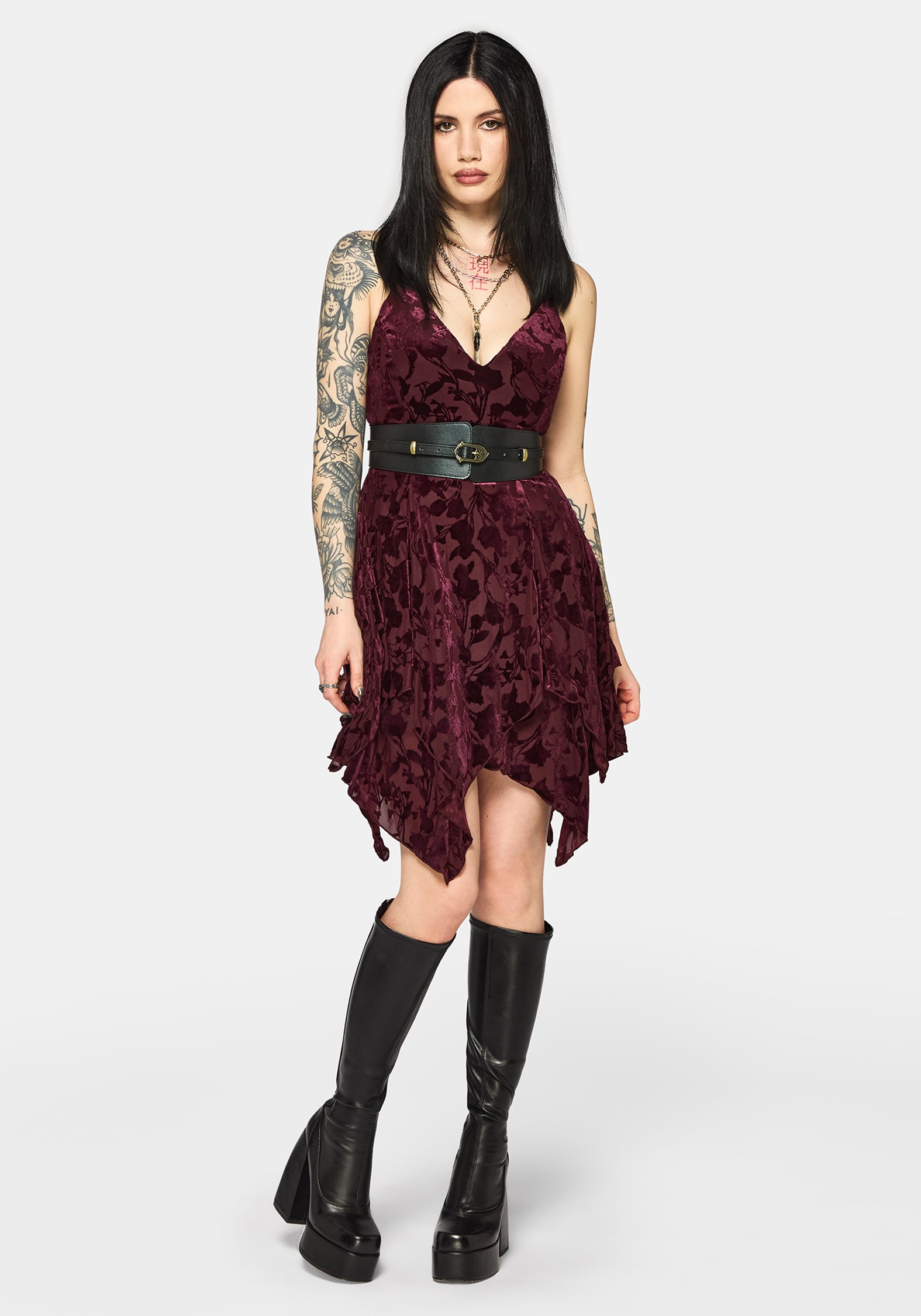 Sienna Devore Hanky Hem Cami Mini Dress - Burgundy