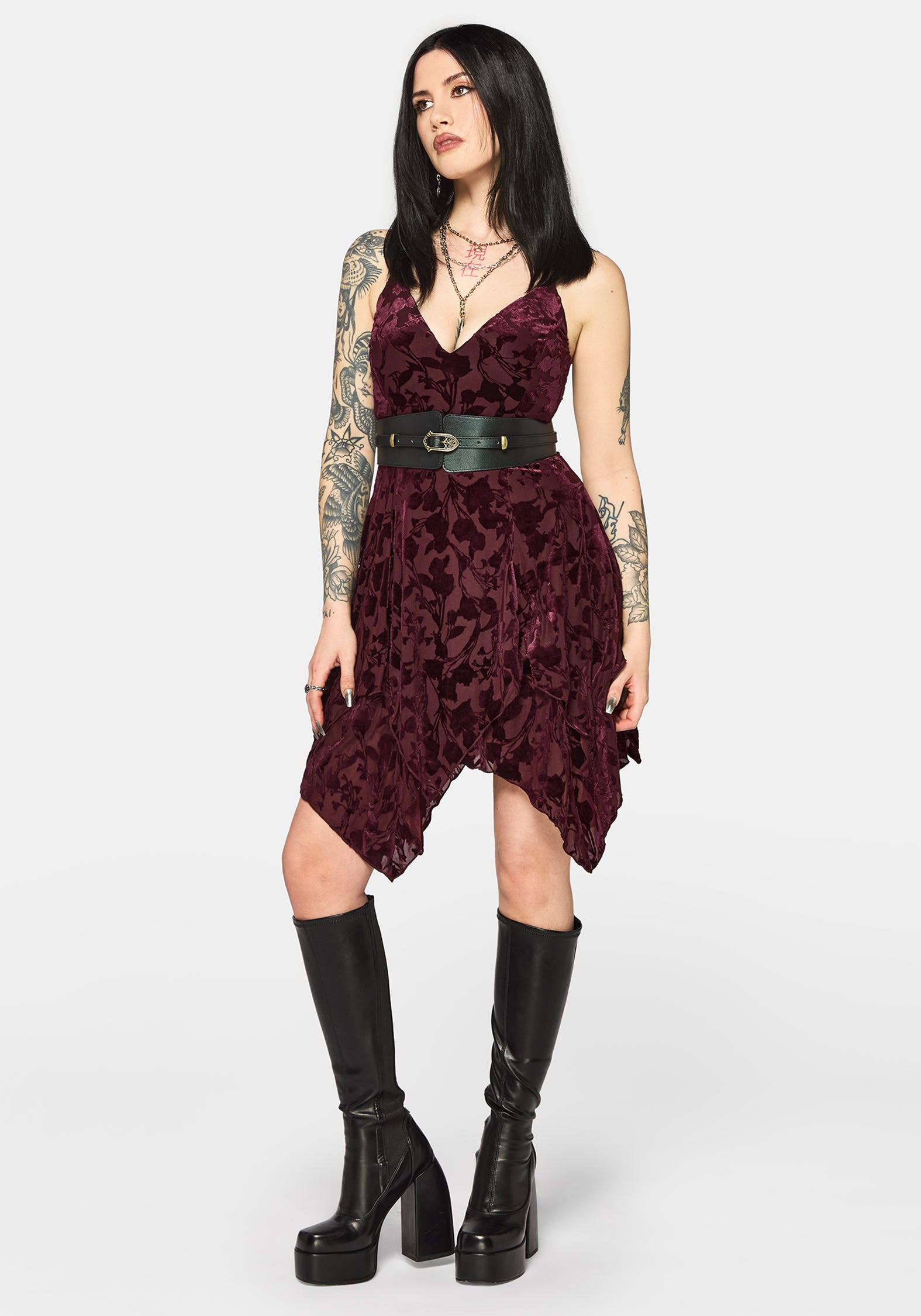 Sienna Devore Hanky Hem Cami Mini Dress - Burgundy