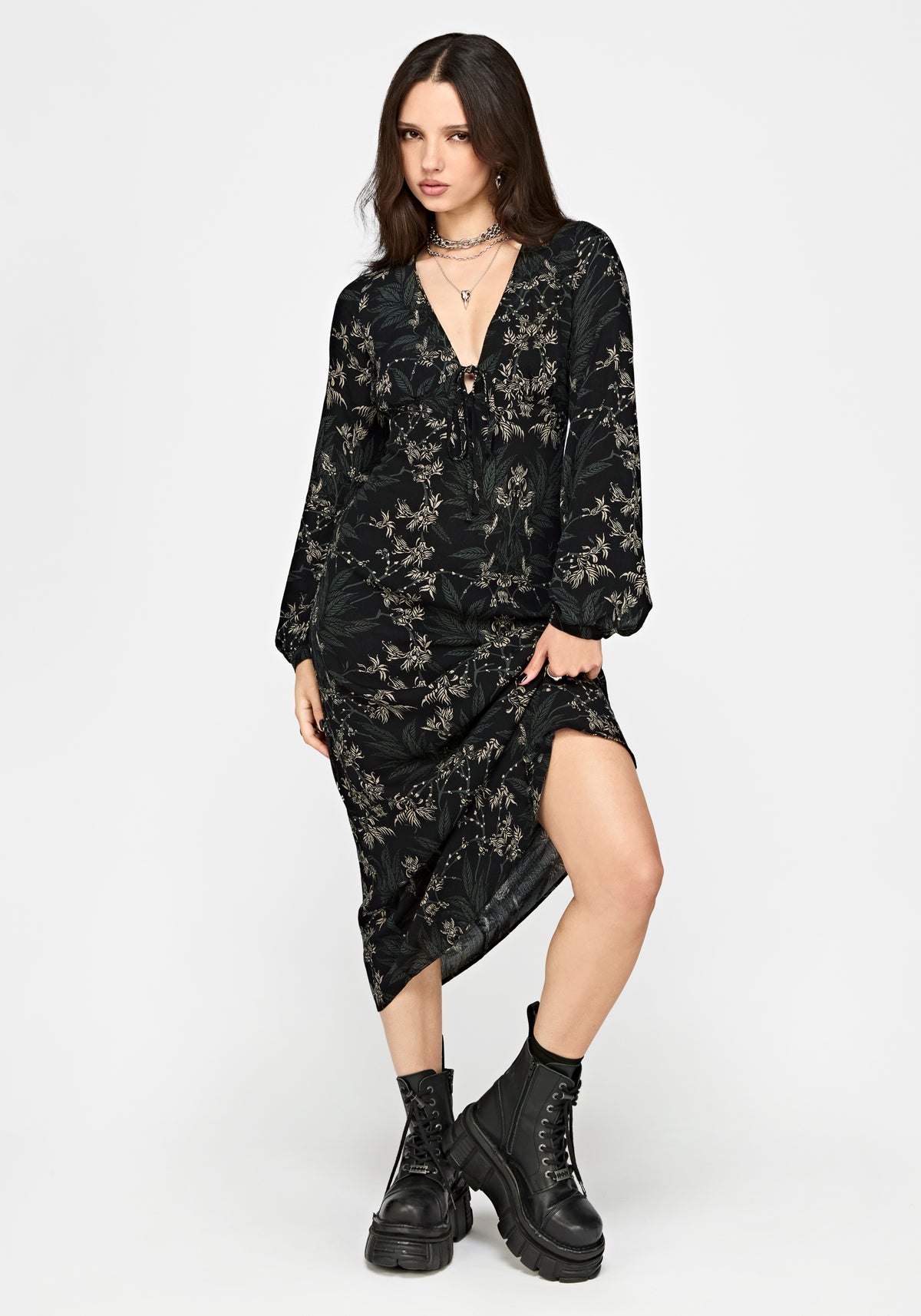 black midi dress with ankle boots Azolla Fern Crinkle Long Sleeve – Disturbia neckline and a softly Size:L_22-24 Black dress moodboard: YSL Remmi Ott