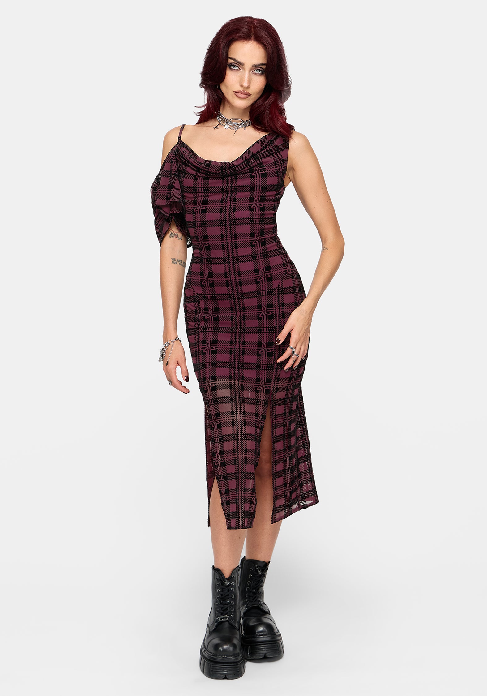 Vesica Flocked Witches Knot Midi Dress - Burgundy
