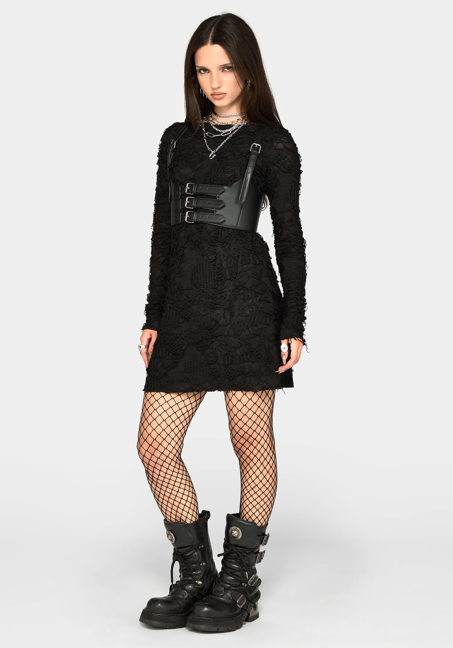 Alden Distressed Long Sleeve Mini Dress – Disturbia