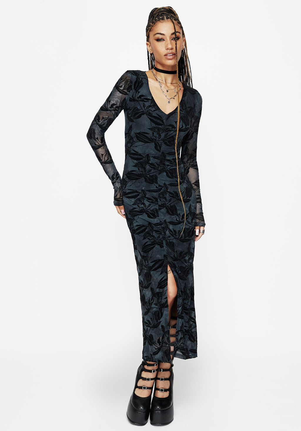 Bryn Floral Flocked Mesh Ruched Long Sleeve Midaxi Dress Disturbia Bryn Floral Flocked Mesh Ruched Long Sleeve Midaxi Dress Disturbia