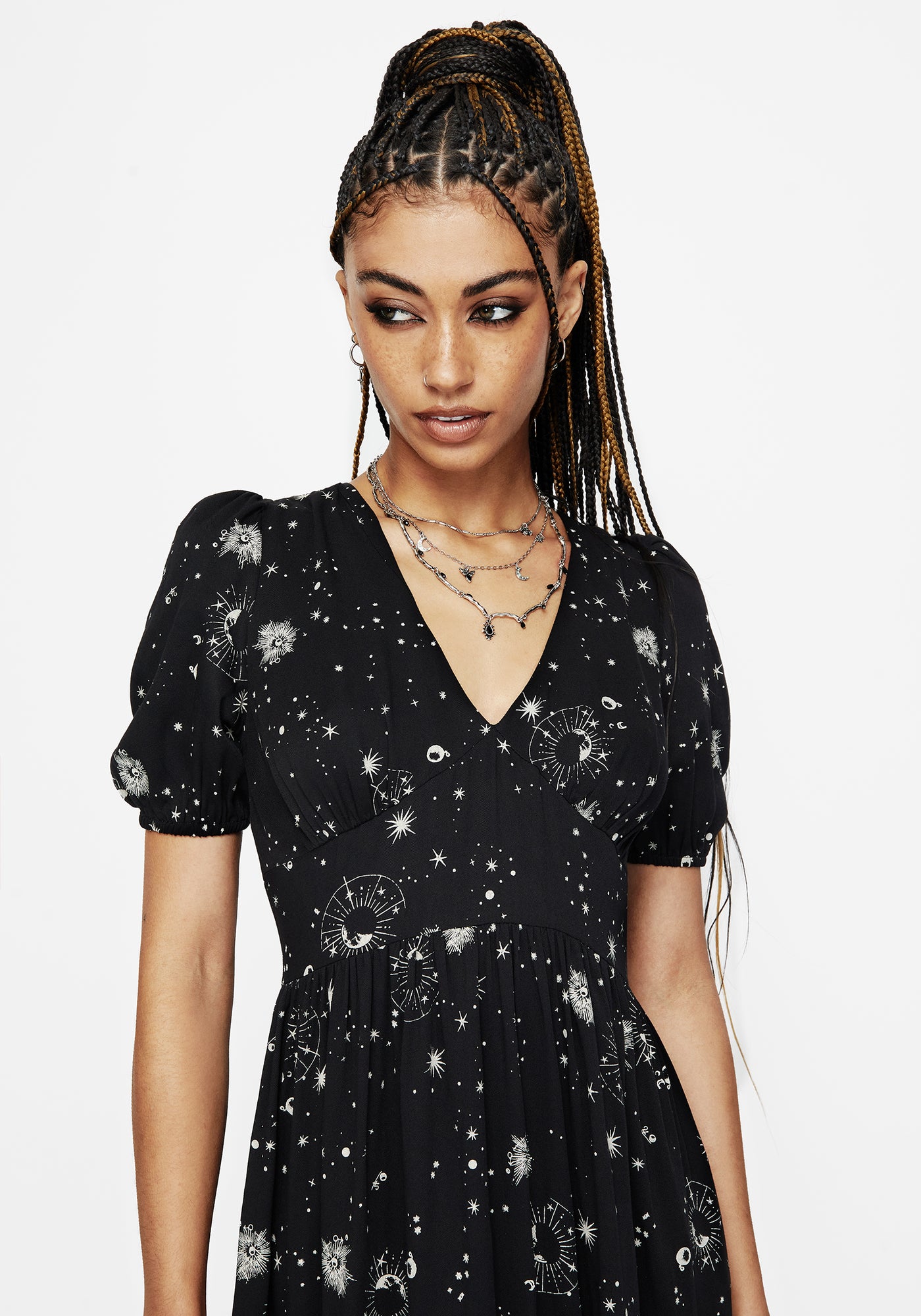 Comet Celestial Printed Puff Sleeve Midaxi Dress Disturbia Comet Celestial Printed Puff Sleeve Midaxi Dress Disturbia